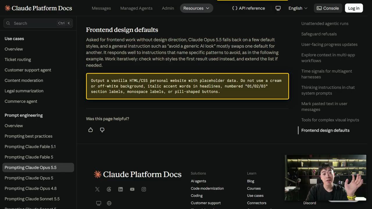 Trang Prompting Claude Opus 5.5 trên Claude Platform Docs, mục Frontend design defaults