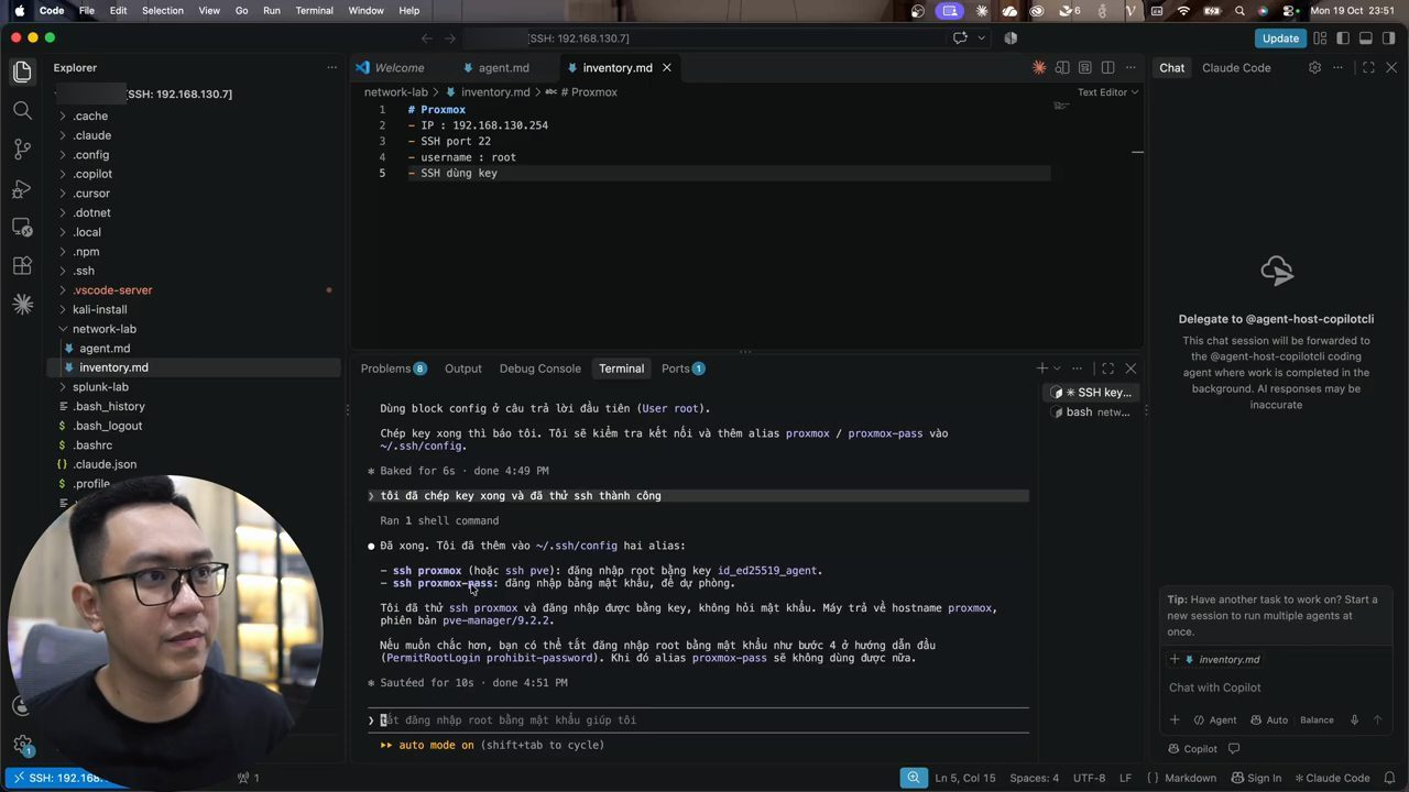 Claude Code báo đã thêm hai alias ssh proxmox và ssh proxmox-pass vào ~/.ssh/config, thử ssh proxmox thành công, pve-manager/9.2.2