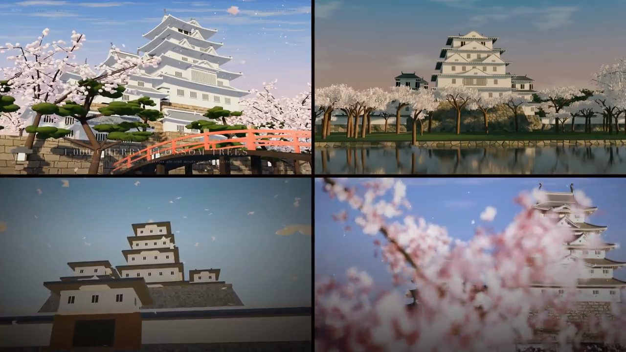 Bốn khung hình lâu đài Himeji mùa hoa anh đào ghép thành lưới hai nhân hai
