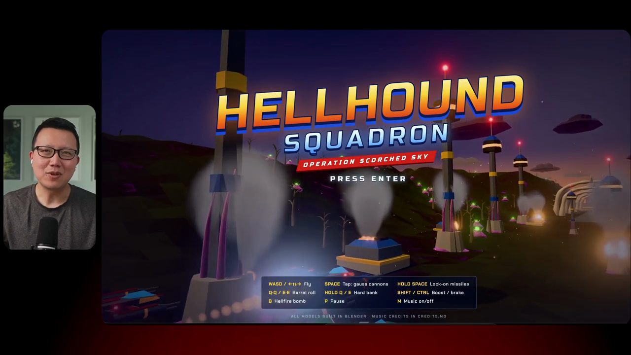 Màn hình mở đầu game Hellhound Squadron, Operation Scorched Sky, với bảng phím điều khiển