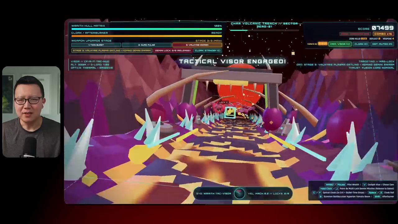 Game của Gemini: phi thuyền bay qua hẻm núi tím vàng, HUD dày đặc và chữ Tactical Visor Engaged