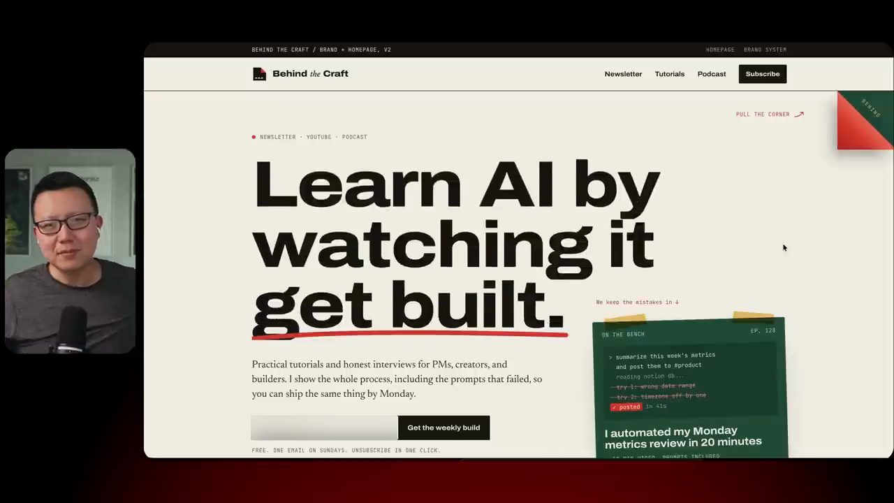 Trang chủ do Opus thiết kế: tiêu đề lớn Learn AI by watching it get built và góc trang đỏ để kéo